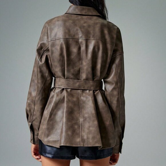 Brown Casual Women's Faux Leather Button Belted Long Sleeve Jacket - Picture 3 of 7